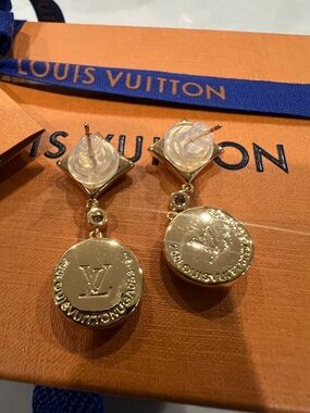 Louis Vuitton Gold Coin Drop Earrings with LV Medallions and Crystal Accent